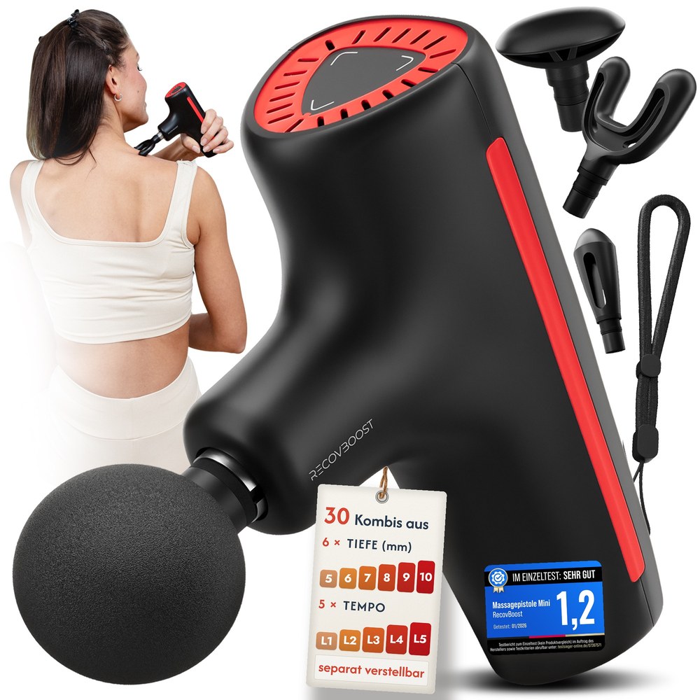 RecovBoost MINI Massagepistole mit 4 Aufsätzen, Handschlaufe und Anhänger mit Massagetiefe 5–10 mm und 5 Tempostufen