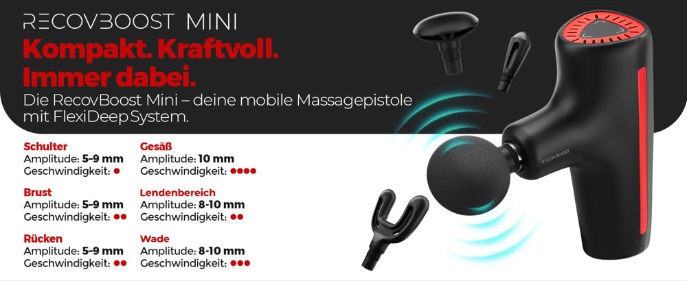 RecovBoost MINI Massagepistole mit Kugelkopf, Gabelkopf und flachem Aufsatz. Bildtext: „Kompakt. Kraftvoll. Immer dabei. Die RecovBoost Mini – deine mobile Massagepistole mit FlexiDeep System.“ Daneben empfohlene Einstellungen: Schulter, Brust und Rücken mit 5–9 mm Amplitude, Lendenbereich und Wade mit 8–10 mm, Gesäß mit 10 mm bei höchster Geschwindigkeit.