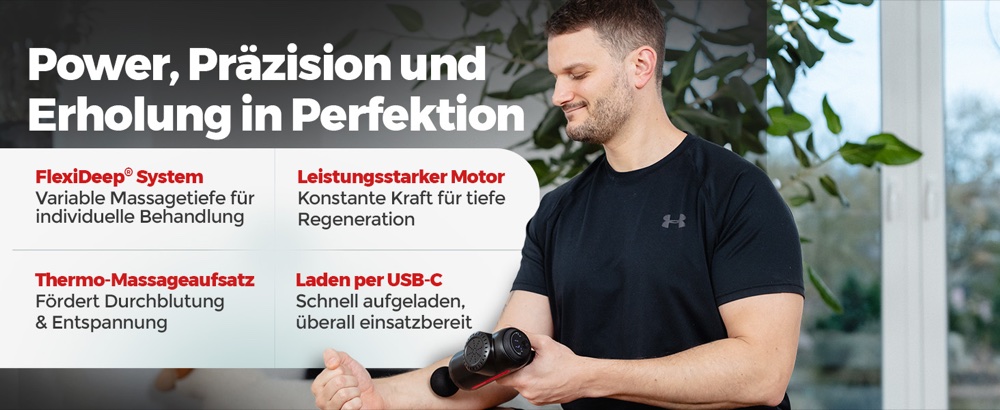 Vier Merkmale der RecovBoost PRO im Überblick: FlexiDeep® System für variable Massagetiefe, leistungsstarker Motor für konstante Kraft, Thermo-Massageaufsatz für Durchblutung und Entspannung, Laden per USB-C. Rechts behandelt eine Person den Unterarm.