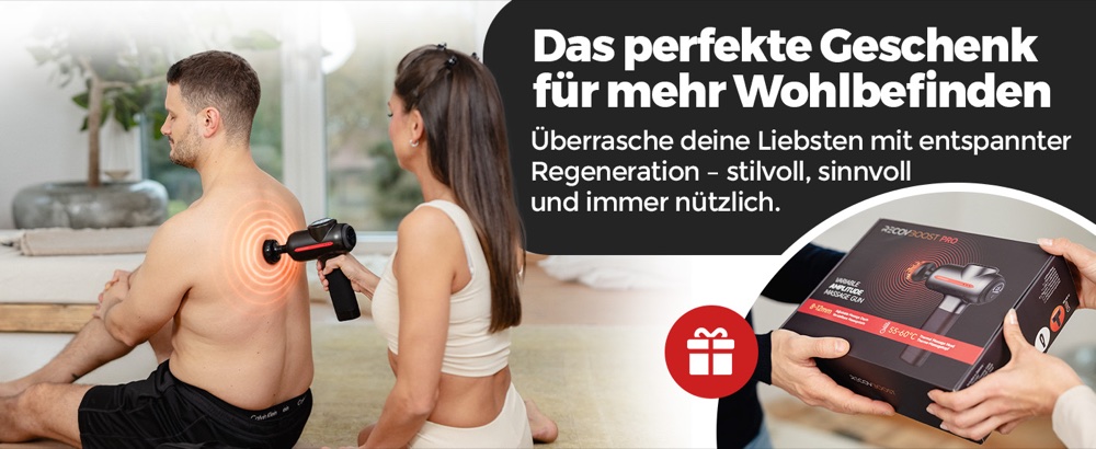 Die RecovBoost PRO als Geschenk: links wird eine Person am oberen Rücken behandelt, rechts wird die Produktverpackung überreicht. Bildtext: „Das perfekte Geschenk für mehr Wohlbefinden – überrasche deine Liebsten mit entspannter Regeneration.“