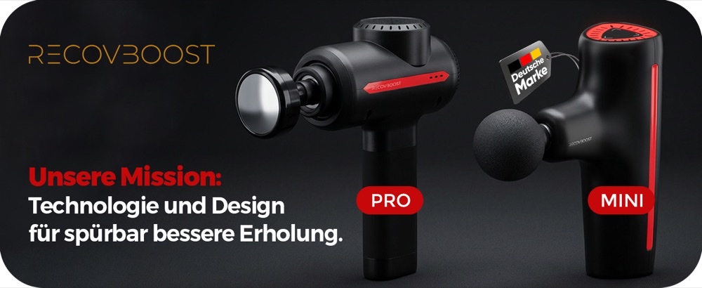 RecovBoost PRO und RecovBoost MINI nebeneinander vor dunklem Hintergrund. Bildtext: „Unsere Mission: Technologie und Design für spürbar bessere Erholung.“ Kennzeichnung: Deutsche Marke.
