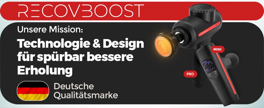 RecovBoost PRO und RecovBoost MINI nebeneinander, der Thermoaufsatz der PRO leuchtet orange. Bildtext: „Unsere Mission: Technologie & Design für spürbar bessere Erholung.“ Kennzeichnung: Deutsche Qualitätsmarke.